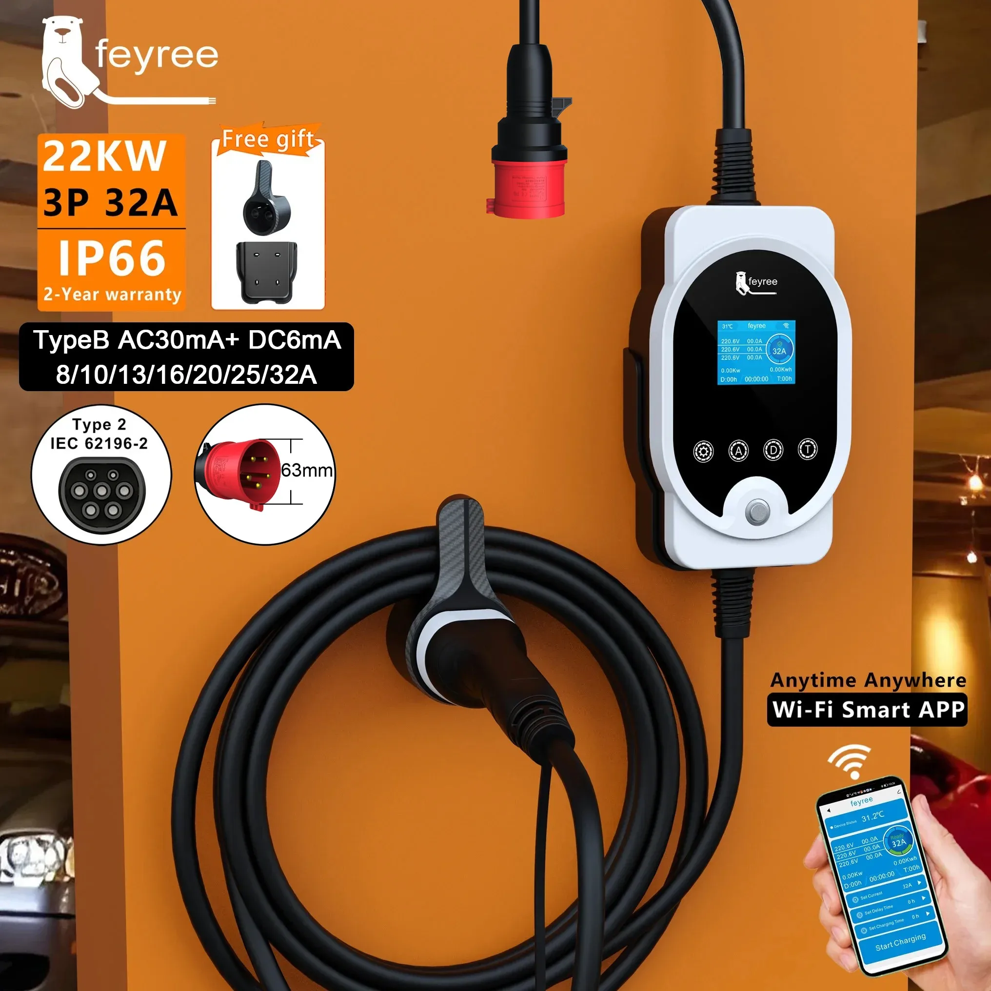 Ev Charger Type 2 22Kw 32A 3 Phase - Feyree 22KW タイプ2 ケーブル EVSE ウォールボックス