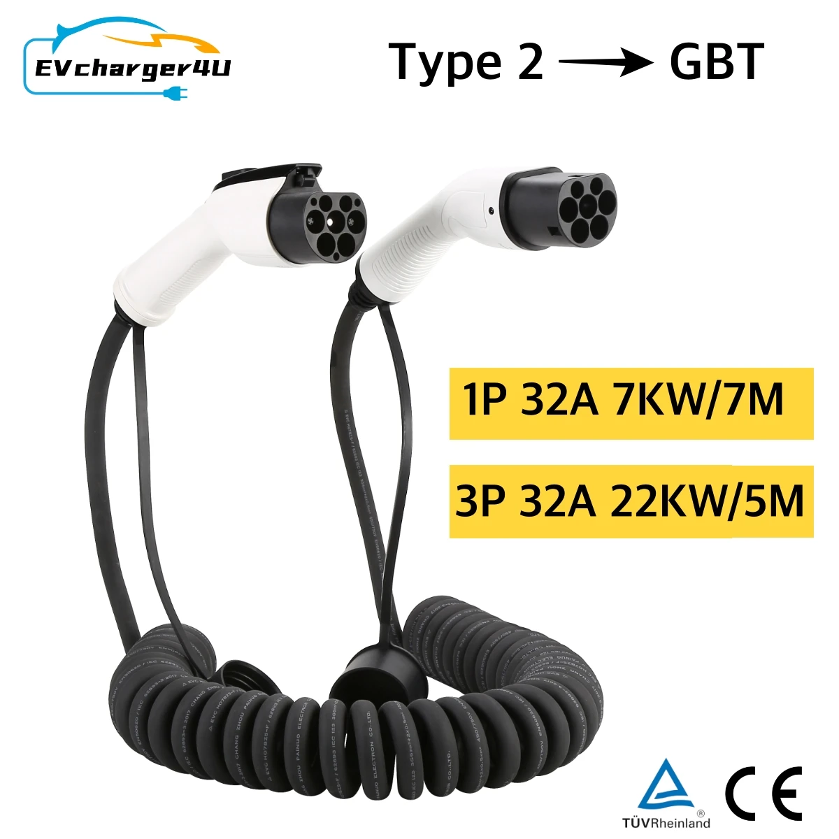Ev Charger Type 2 22Kw 32A 3 Phase - EVcharger4U 5 メートル/7 メートルスパイラル EV 充電ケーブル
