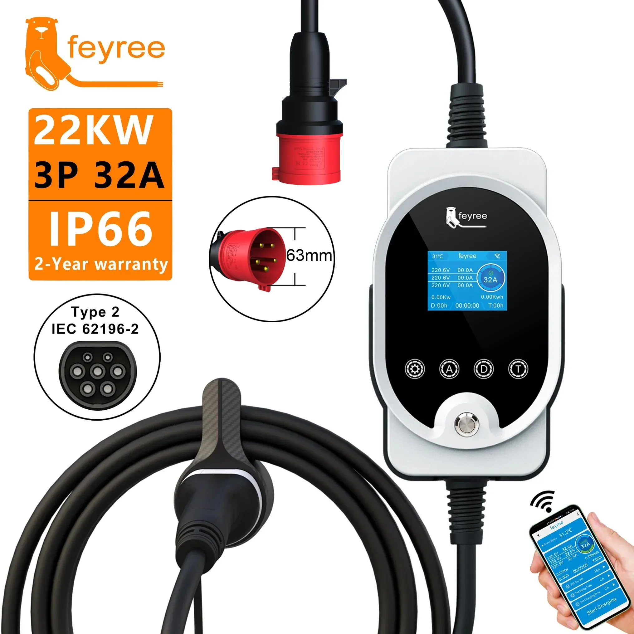Feyree 22KW タイプ2 ケーブル EVSE ウォー - Ev Charger Type 2 22Kw 32A 3 Phase のレビューと価格
